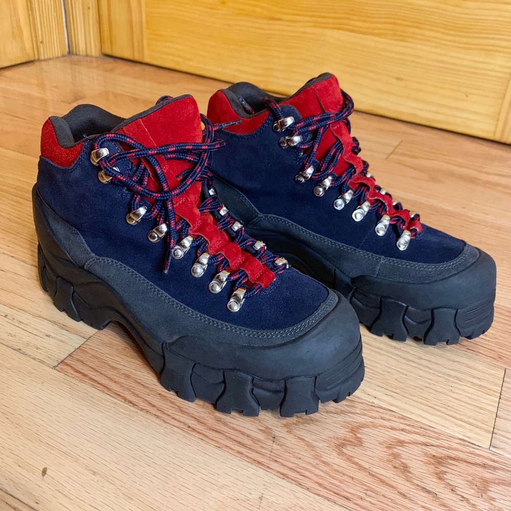 Jeffrey Campbell Blue Red Leather Suede Cold Winter Snow Rain Hiking Lace Boots